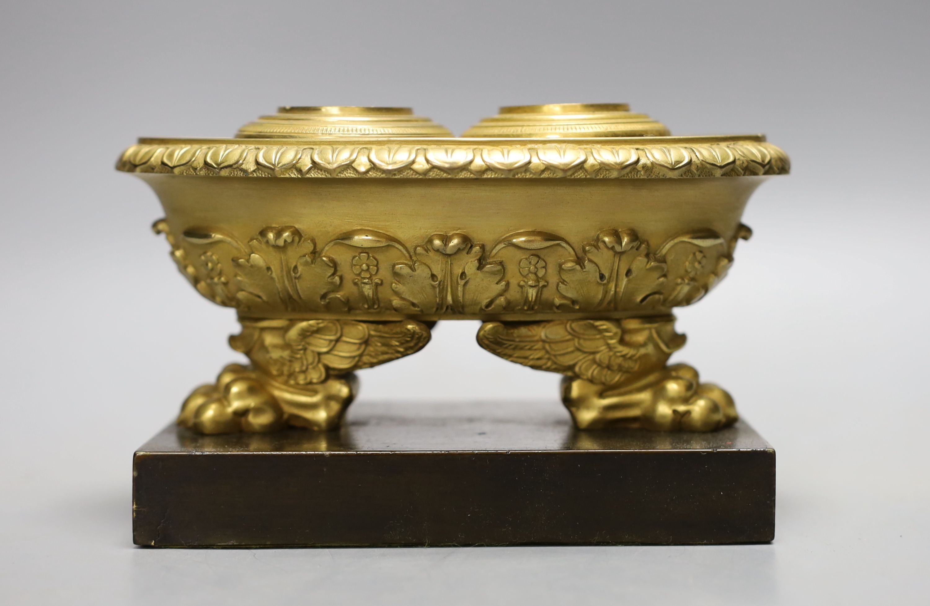 An Empire style ormolu inkstand and a similar gilt metal and marble tortoise paperweight 16cm